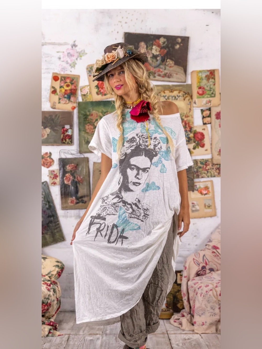 Frida Kahlo Graphic Maxi Dress with Teal Butterflies - Magnolia Pearl